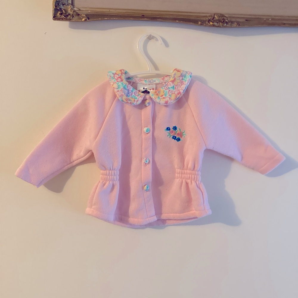Vintage ICZ Pink Floral Sweatshirt Jacket with Collar 80s Baby Size 18 Months